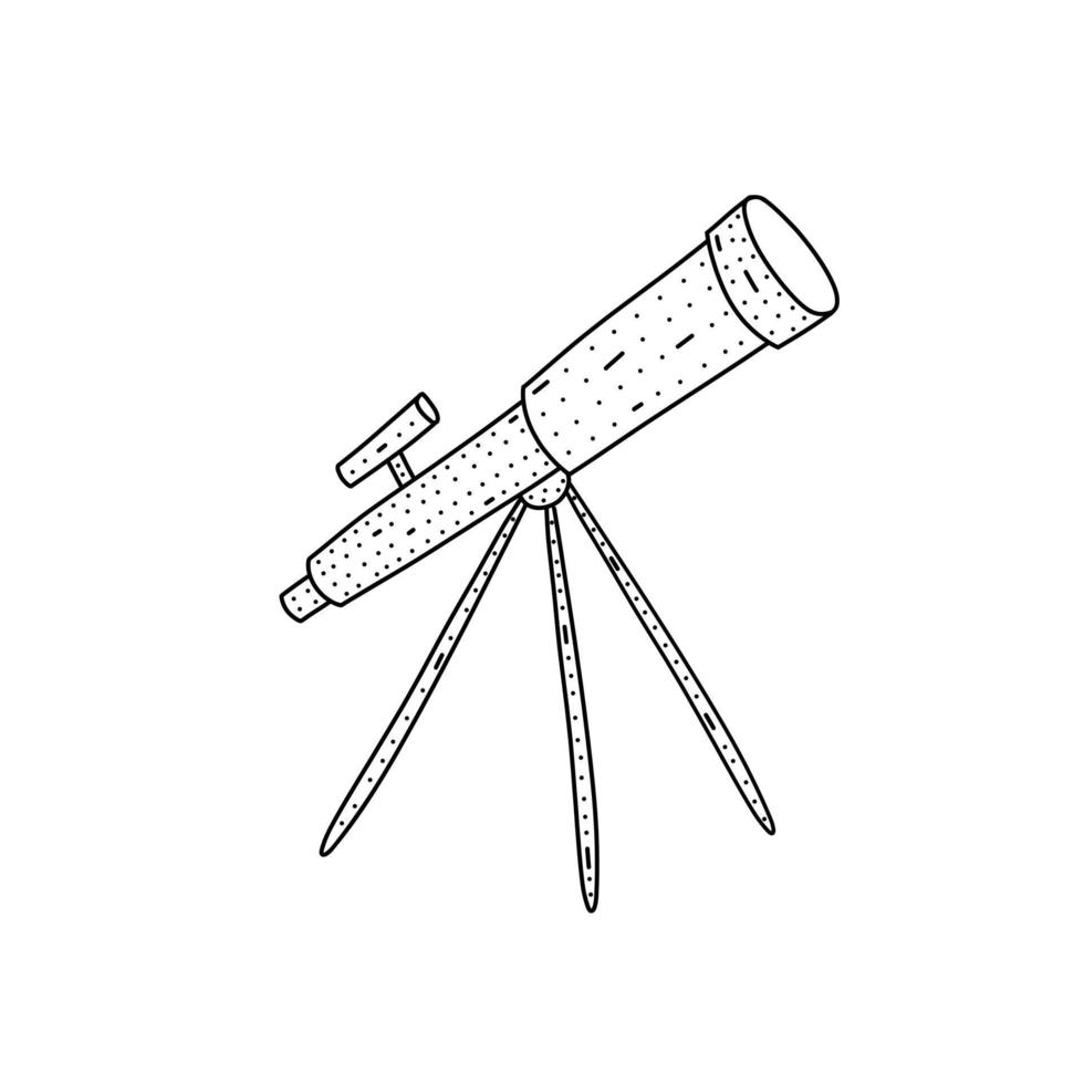 icona del telescopio disegnato a mano in stile doodle. icona del vettore del telescopio del fumetto per il web design isolato su sfondo bianco.