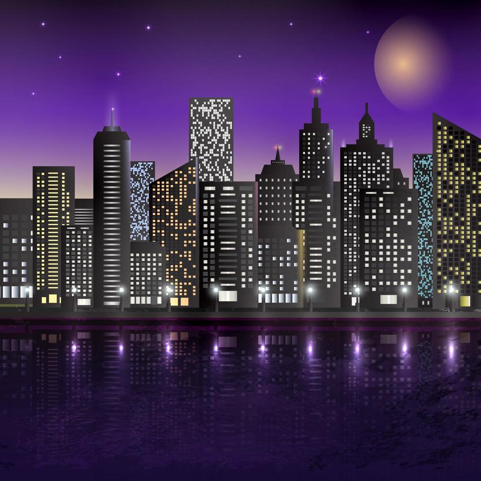 illustrazione della scena notturna della città con edificio illuminato vettore