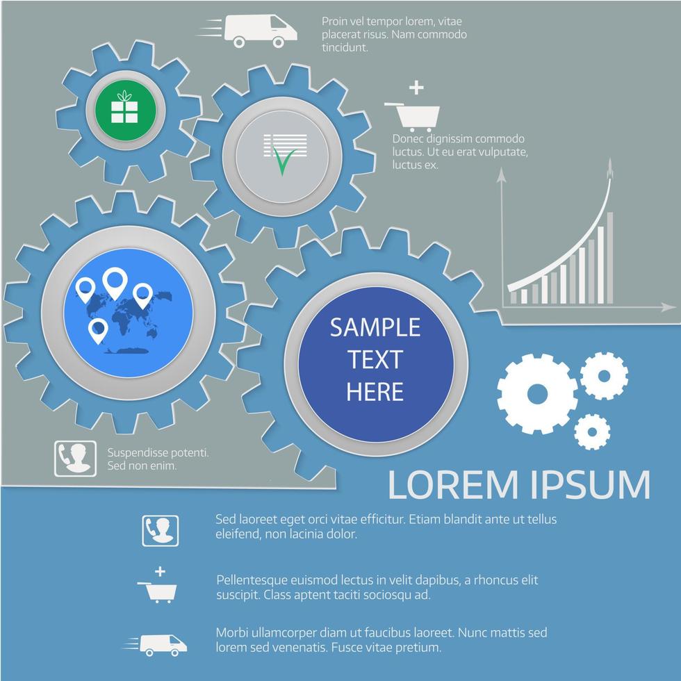 infografica e-commerce, concetto di business, servizio di consegna veloce. ingranaggi. vettore