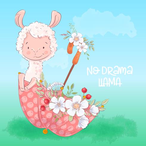 Illustrazione di un lama carino in un ombrello con fiori. Disegnare a mano vettore