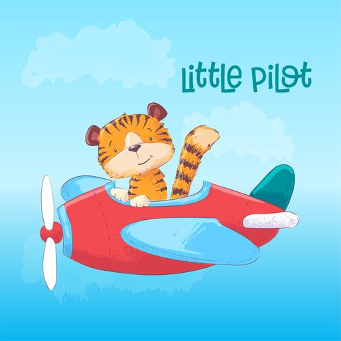 Illustrazione di una tigre carina su un aereo. Disegnare a mano vettore