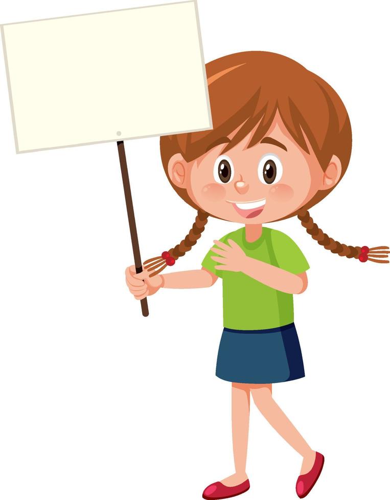 bambina che tiene banner vuoto in stile cartone animato vettore
