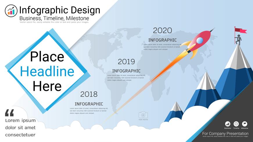 Modello di infographics di affari, linea temporale di Milestone o mappa stradale con le opzioni del diagramma di flusso di processo 3. vettore