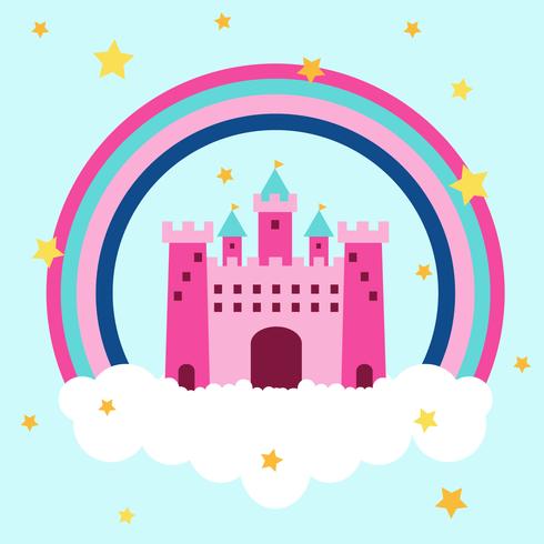 Castle Princess Over Clouds con arcobaleno e stelle vettore