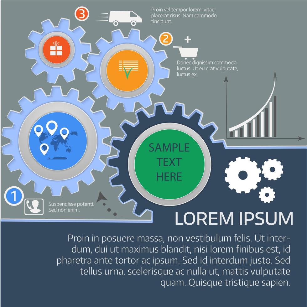 infografica e-commerce, concetto di business, servizio di consegna veloce. ingranaggi. vettore