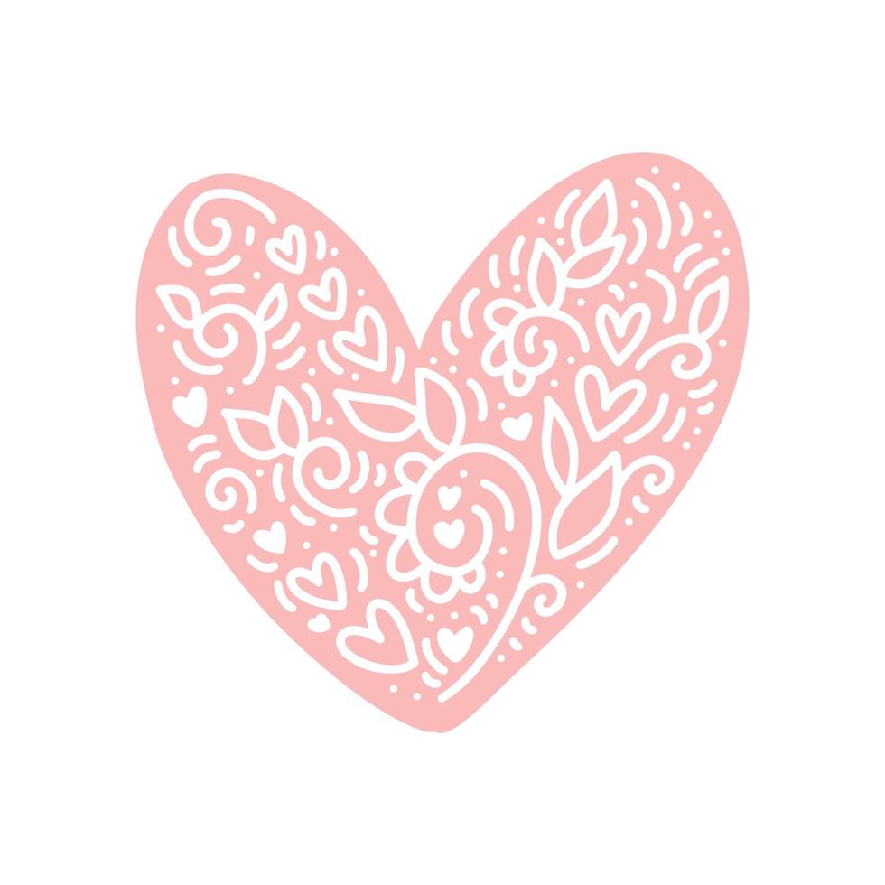 cuore disegnato a mano carino scandinavo con fiori e foglie in stile hygge. fiorire elemento vettoriale per San Valentino, biglietto di auguri romantico amore, vacanze