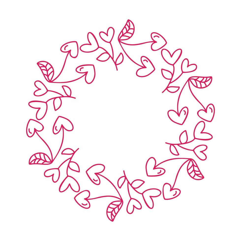 amore monoline vettore doodle cornice di ciliegie, cuori. ghirlanda disegnata a mano san valentino con copyspace. decorazioni per biglietti di auguri, matrimoni, sovrapposizioni di foto, volantini, poster