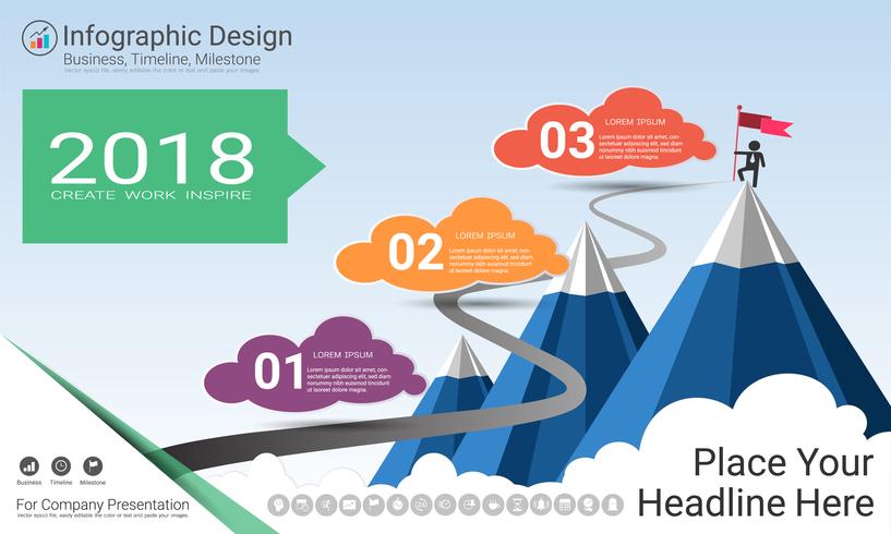 Rapporto infografica aziendale, cronologia di Milestone o mappa stradale con opzioni del diagramma di flusso del processo 3. vettore