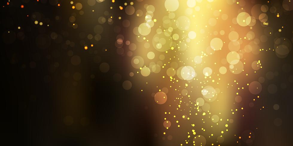 Oro scintillante stardust su sfondo nero con luci bokeh vettore