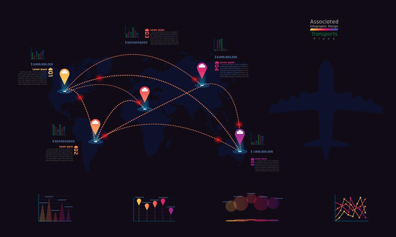 palne trasporti società associata fabbrica mappa del mondo punto di progettazione infografica con grafico di riepilogo dati grafico illustrazione vettoriale eps10