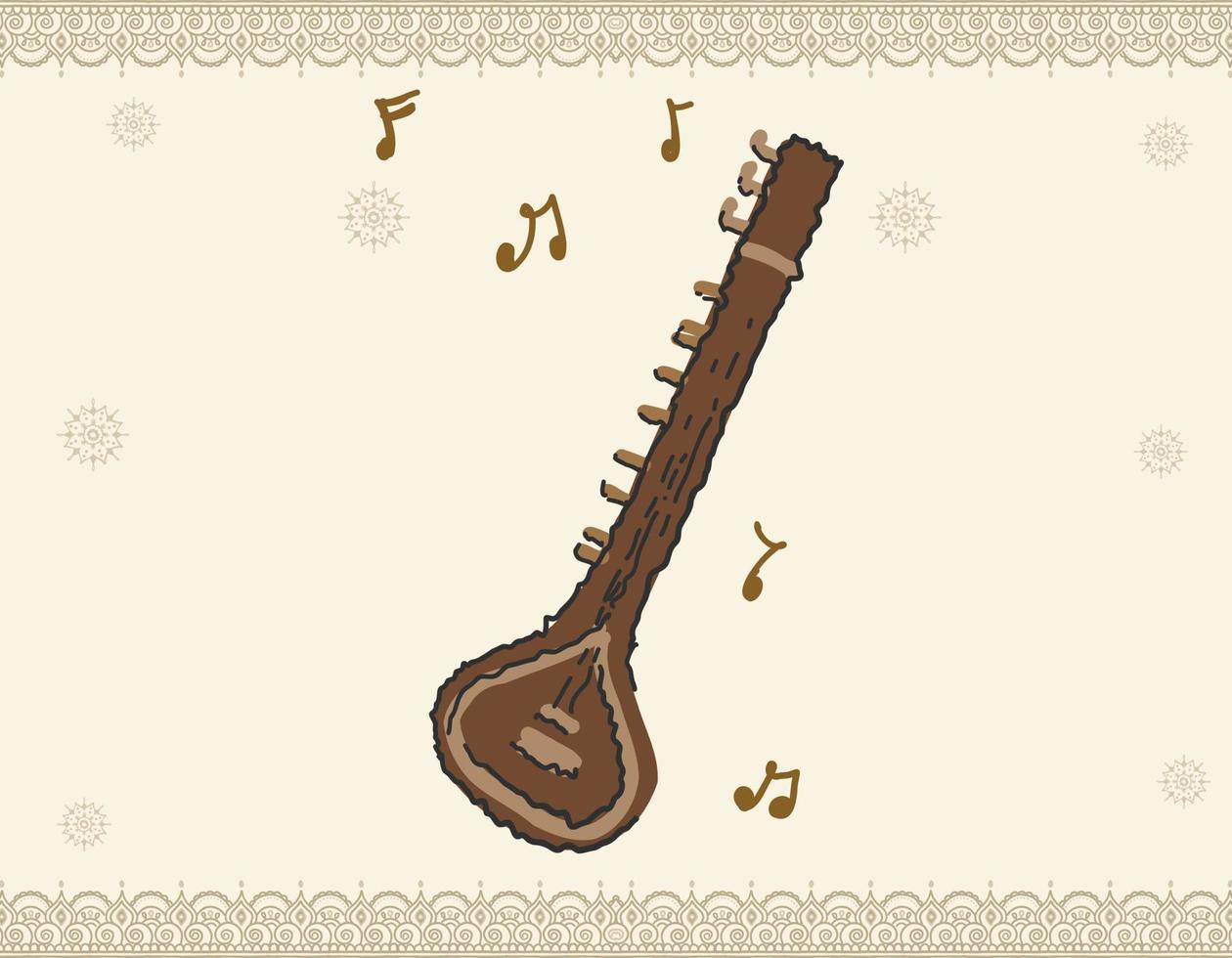 sitar per strumenti di musica classica indiana con testa di pavone dal design raffinato. matrimonio indiano di sitar per strumenti musicali con disegni creativi vettore