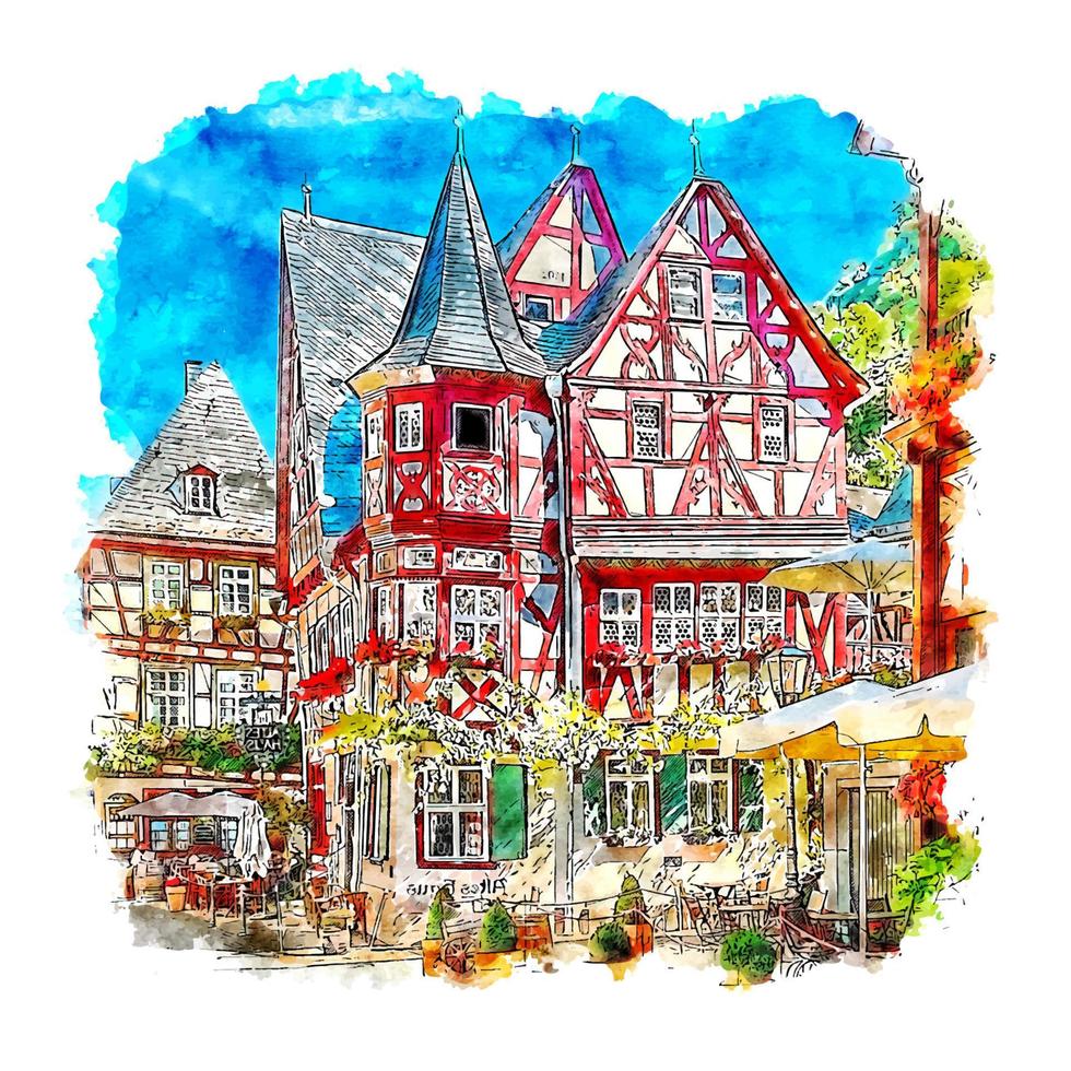 illustrazione disegnata a mano di schizzo dell'acquerello di bacharach germania vettore