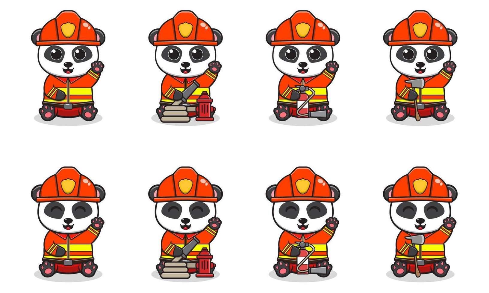 illustrazione vettoriale di panda carino con ubicazione in costume da vigile del fuoco e posa della mano.