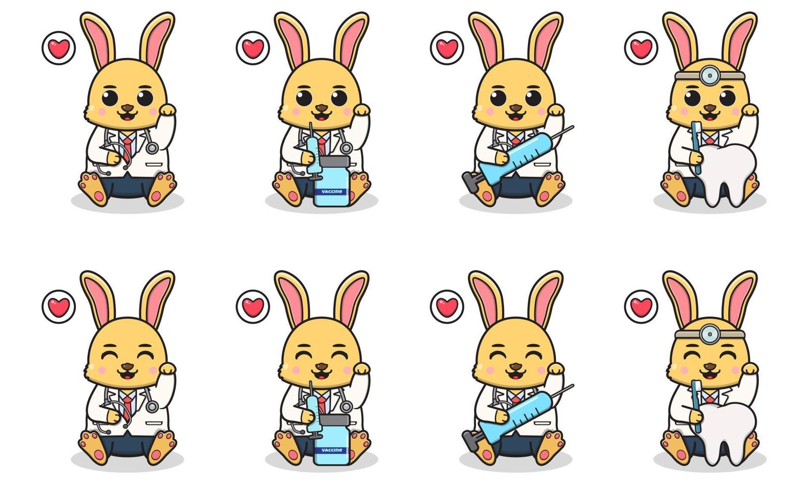 illustrazione vettoriale di coniglio carino con ubicazione in costume da medico e posa della mano