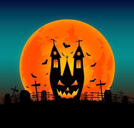 Sfondo di Halloween con pipistrello volante e la luna piena. Illustrazione vettoriale Felice poster di Halloween. zucche sorridenti spettrali