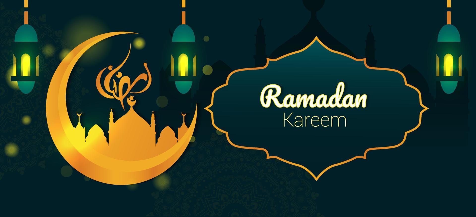 banner ramadan decorato con illustrazione islamica su sfondo verde scuro vettore
