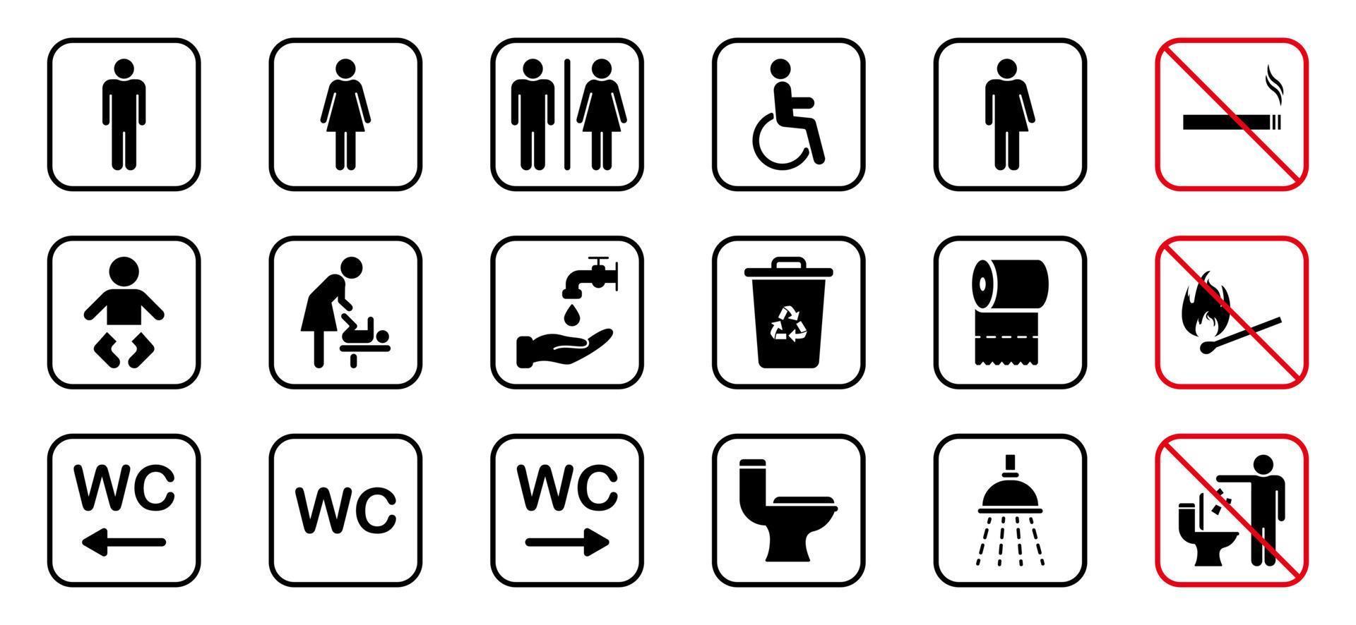 icona della siluetta della stanza da bagno. set di segno wc. bagno, pittogramma del bagno. bagno pubblico per disabili, uomini, donne, transgender. stanza della mamma e del bambino. segno di divieto di fumo. illustrazione vettoriale. vettore
