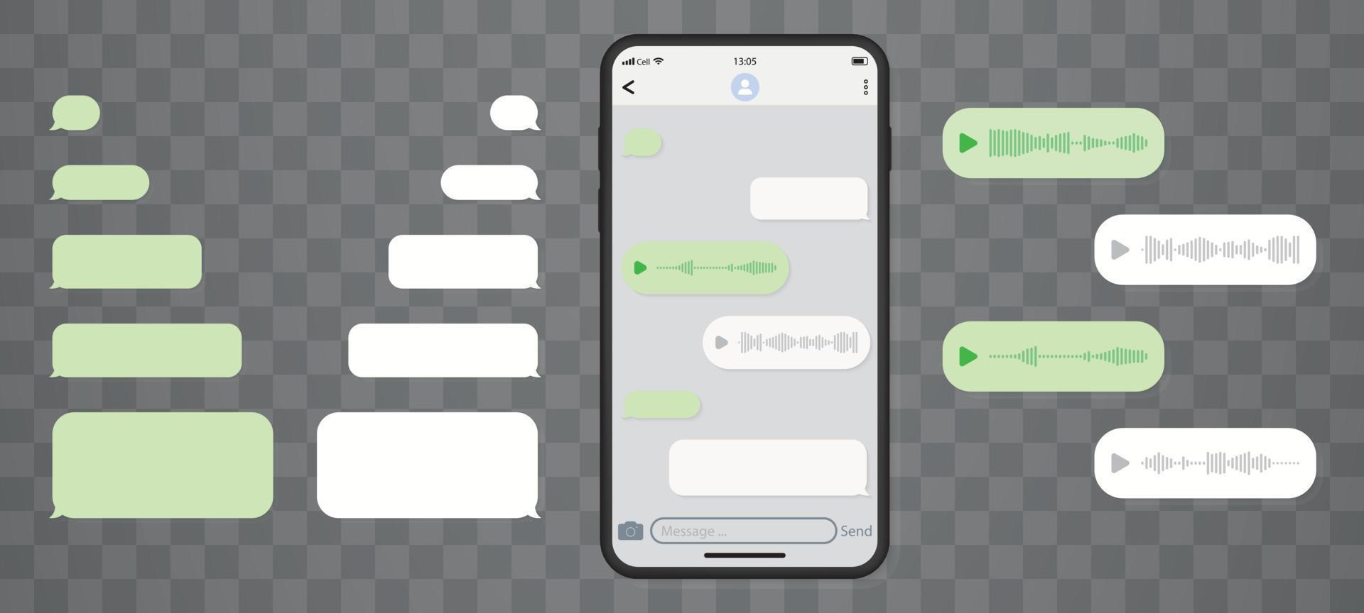 smartphone mockup con chat di messaggistica modello vuota. messaggio vocale e icona vocale vuota. social media. vettore