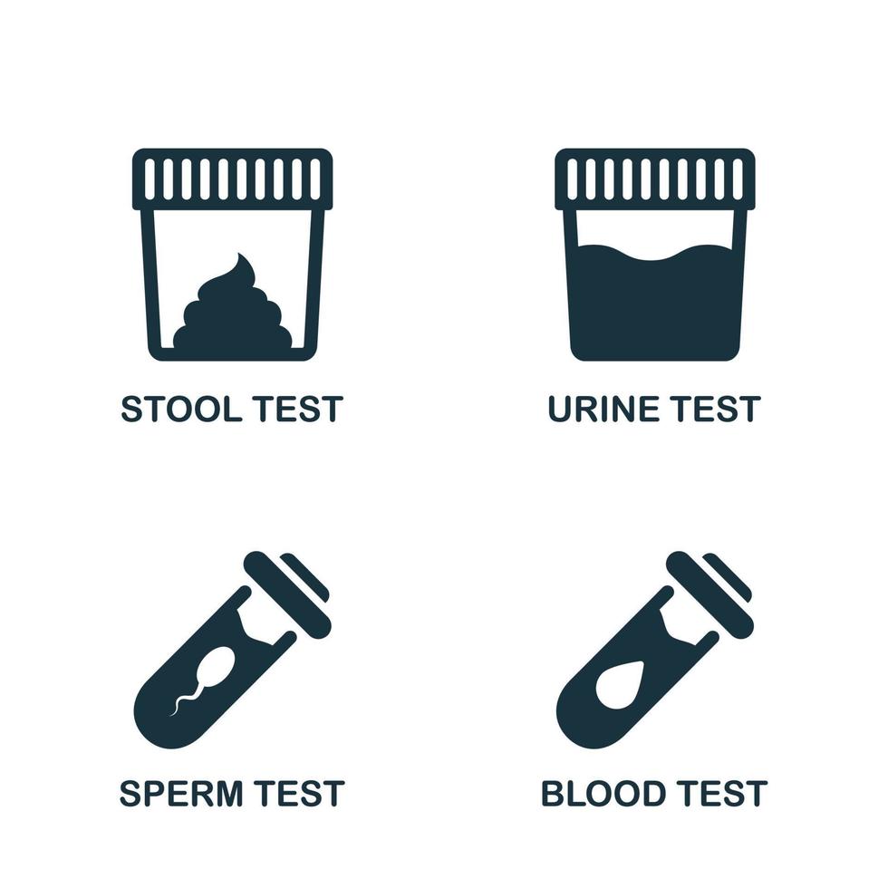 feci, urina, sperma, set di analisi del sangue icona silhouette. campione per pittogramma di ricerca di laboratorio. esame medico di sangue, feci, sperma, icona del glifo urinario. illustrazione vettoriale isolata.