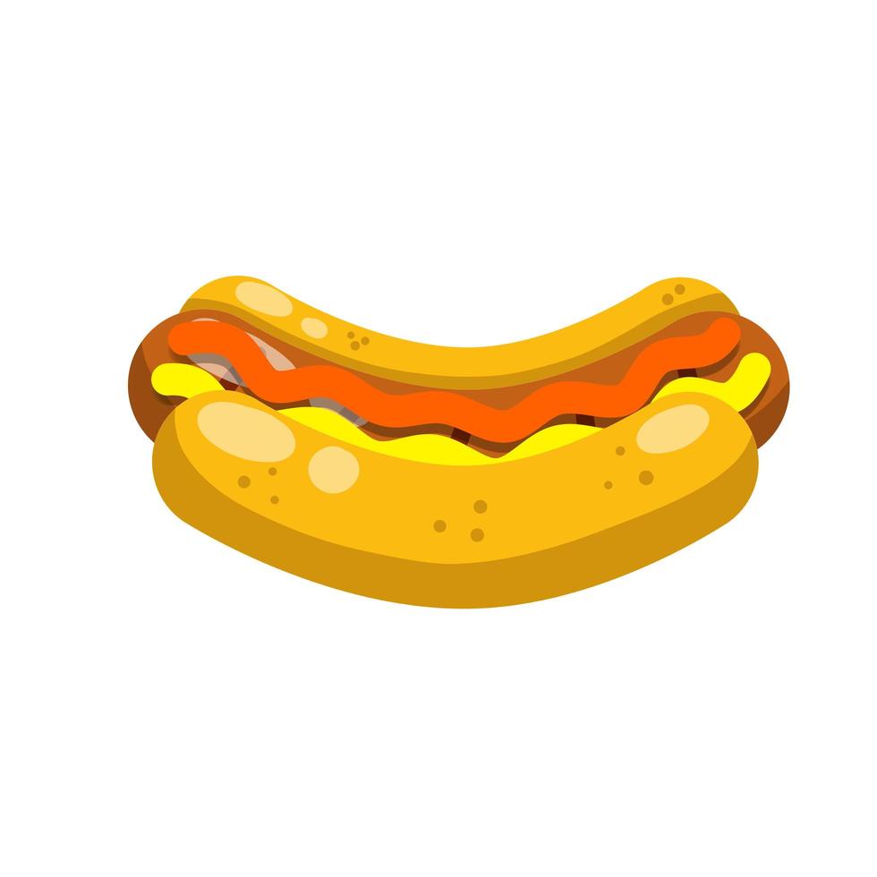 hot dog. pane, salsiccia, ketchup. icona dieta dannosa. delizioso panino. cibo spazzatura veloce. illustrazione piatta del fumetto vettore