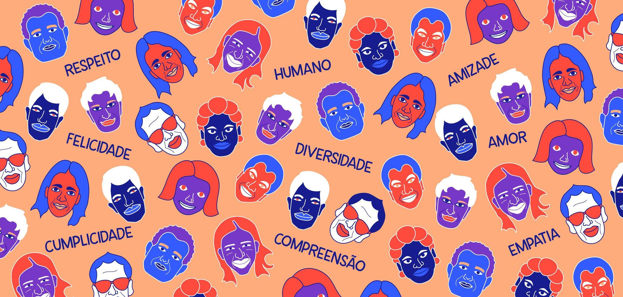 illustrazione che simboleggia la diversità nel portoghese brasiliano. traduzione - rispetto, umano, amicizia, felicità, diversità, amore, complicità, comprensione, empatia. vettore