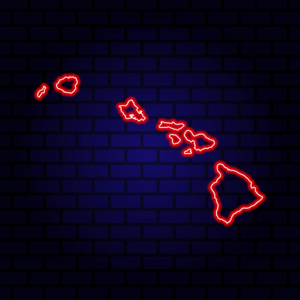 mappa al neon stato delle hawaii su sfondo muro di mattoni. vettore