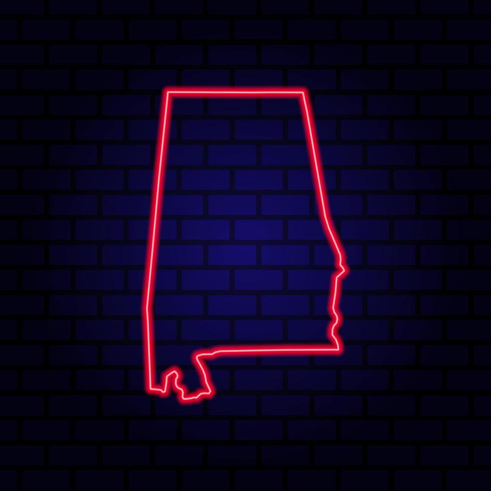 mappa al neon stato dell'alabama su sfondo muro di mattoni. vettore