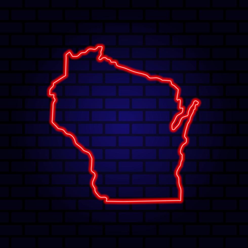 mappa al neon stato del Wisconsin su sfondo muro di mattoni. vettore