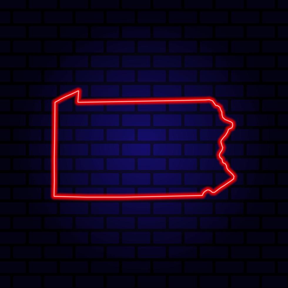mappa al neon stato della pennsylvania su sfondo muro di mattoni. vettore