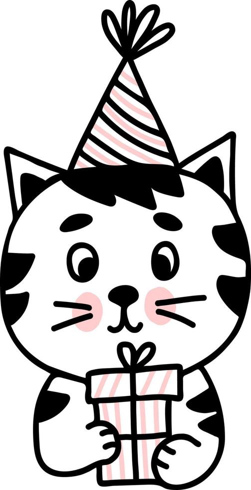 gatto con cappello di compleanno con regalo. illustrazione vettoriale. doodle lineare disegnato a mano del personaggio del gatto per il design e l'arredamento vettore