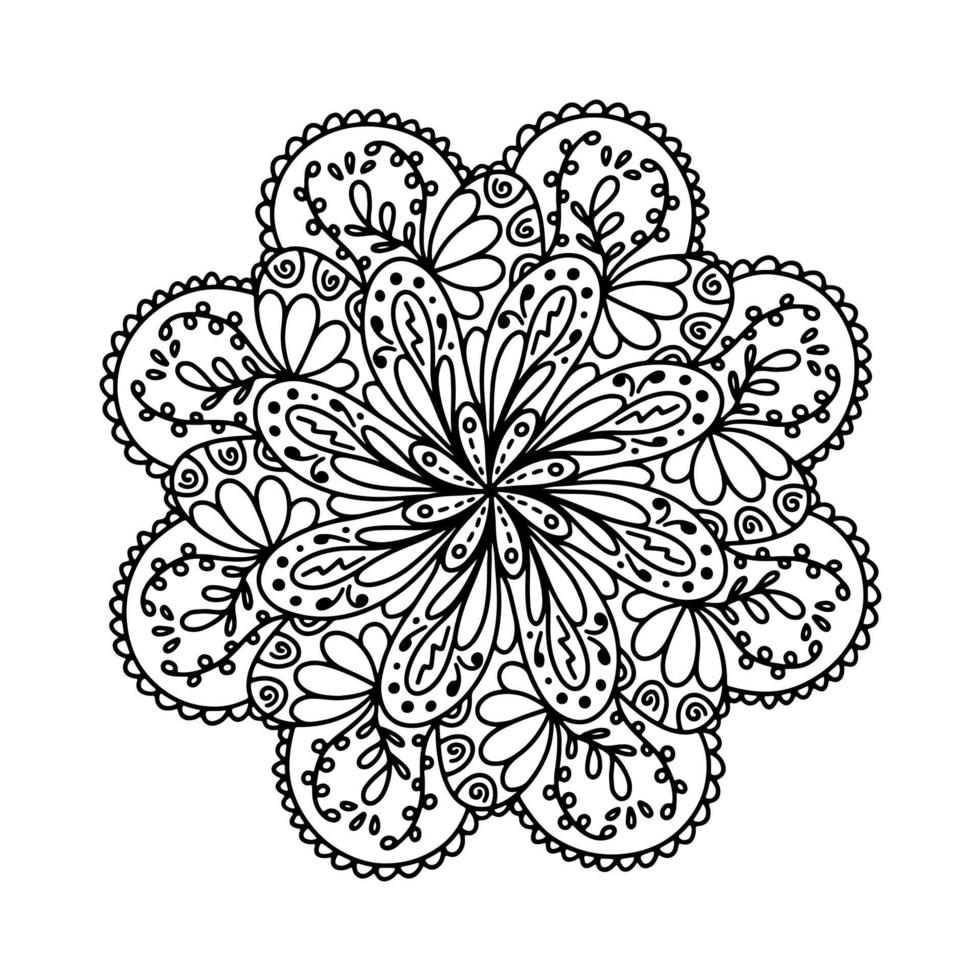 mandala floreale vettoriale con fiori e foglie in stile doodle isolato su sfondo bianco. colorazione divertente e illustrazione carina per design stagionale, tessile, decorazione sala giochi per bambini o biglietto di auguri