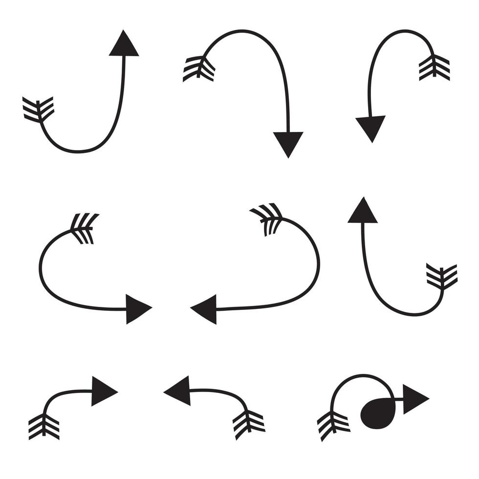 set di icone di frecce disegnate a mano. icona della freccia con varie direzioni. illustrazione vettoriale di scarabocchio. Isolato su uno sfondo bianco.