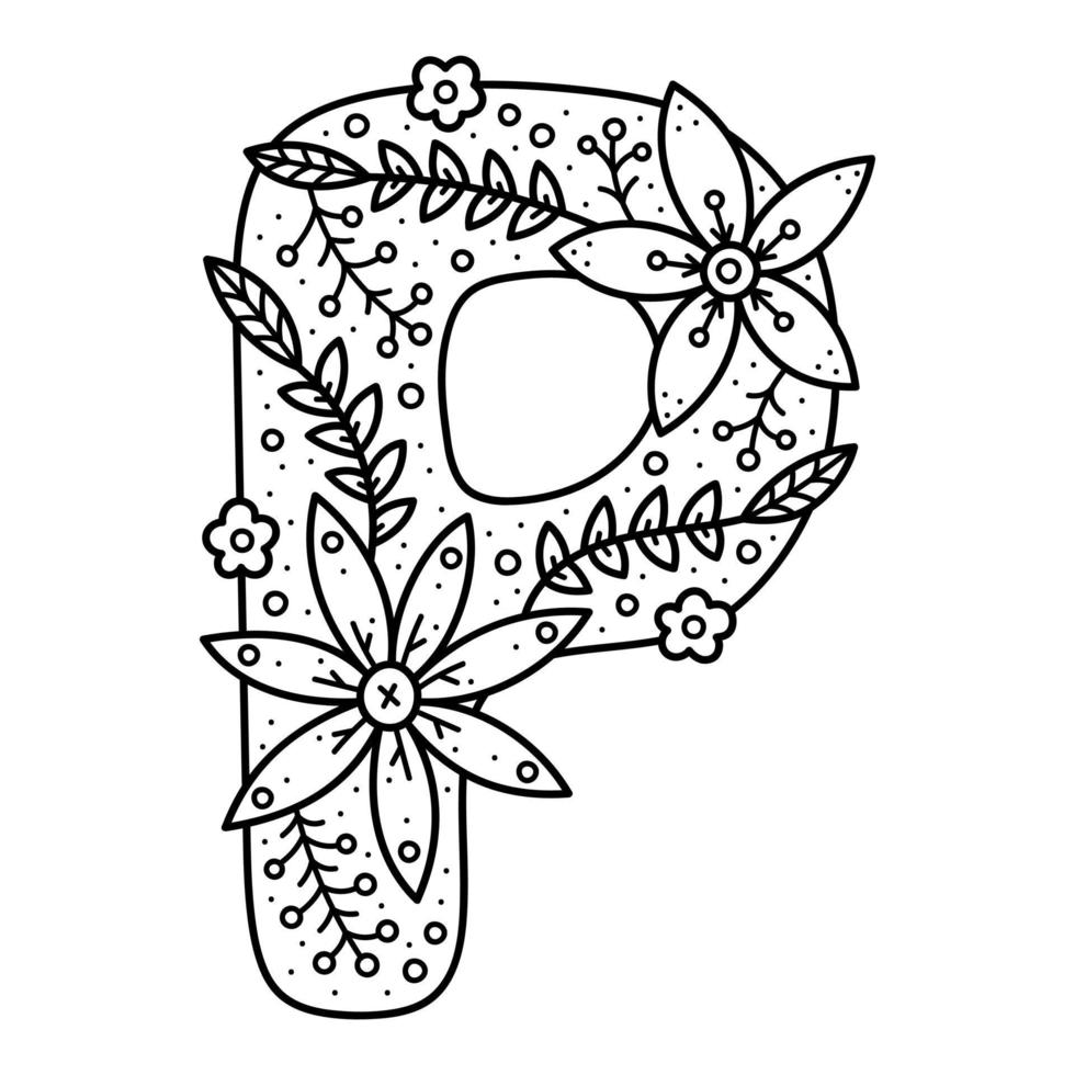 alfabeto floreale. lettera di doodle incolore p. libro da colorare per adulti e bambini. vettore