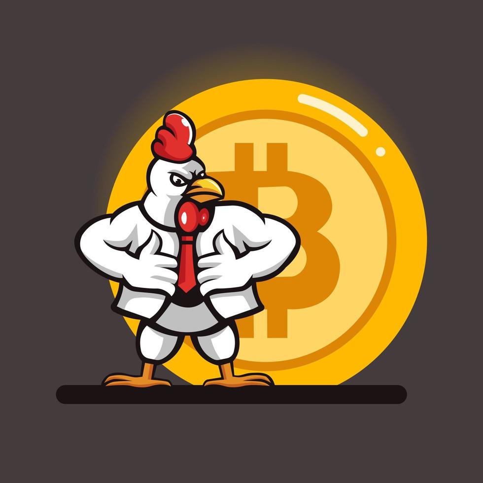 illustrazione del gestore di pollo che indossa una cravatta con moneta in criptovaluta vettore
