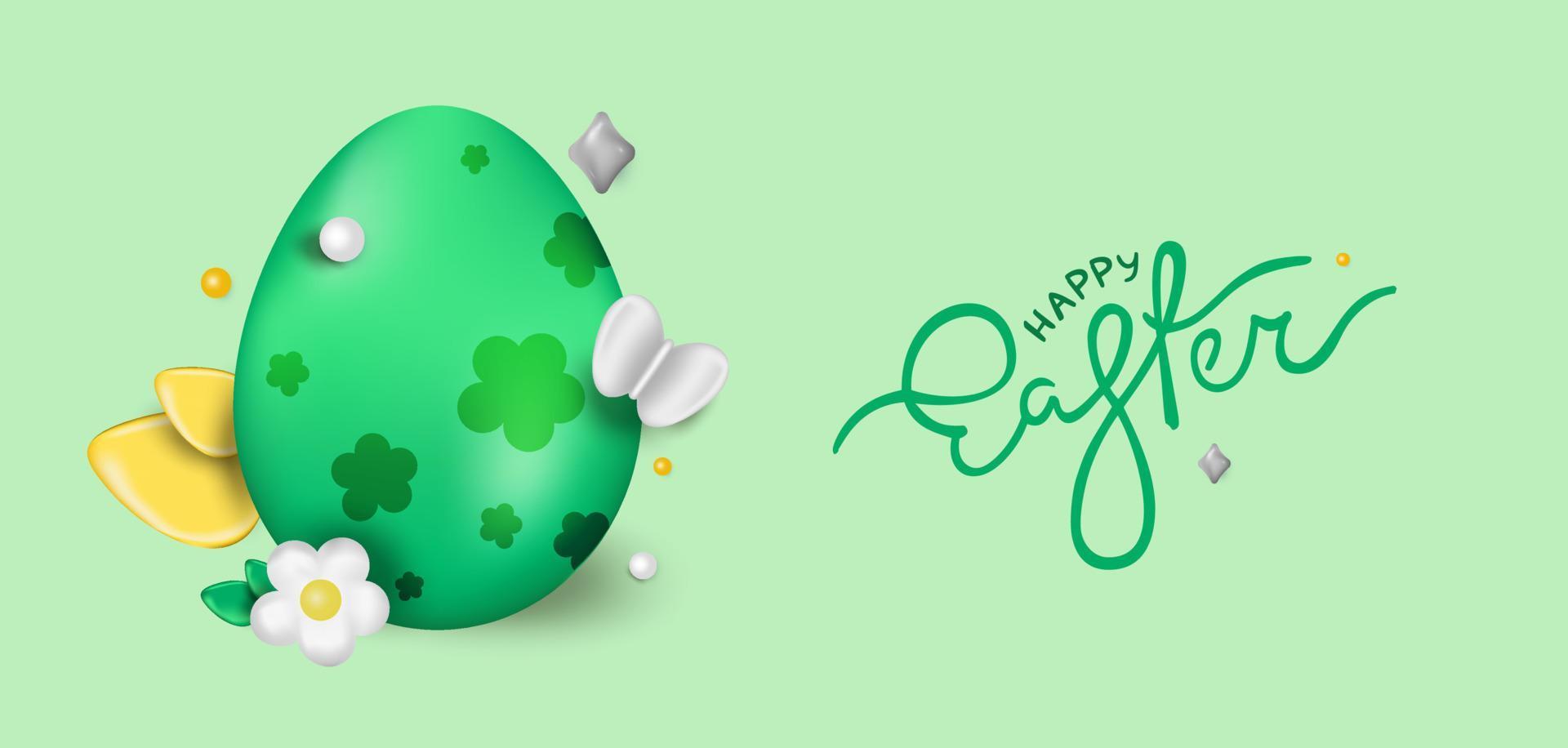 disegno del giorno di pasqua. uova di Pasqua realistiche su uno sfondo verde. banner per le vacanze, poster web, volantino, brochure alla moda, biglietto di auguri, copertina. sfondo di Pasqua vettoriale