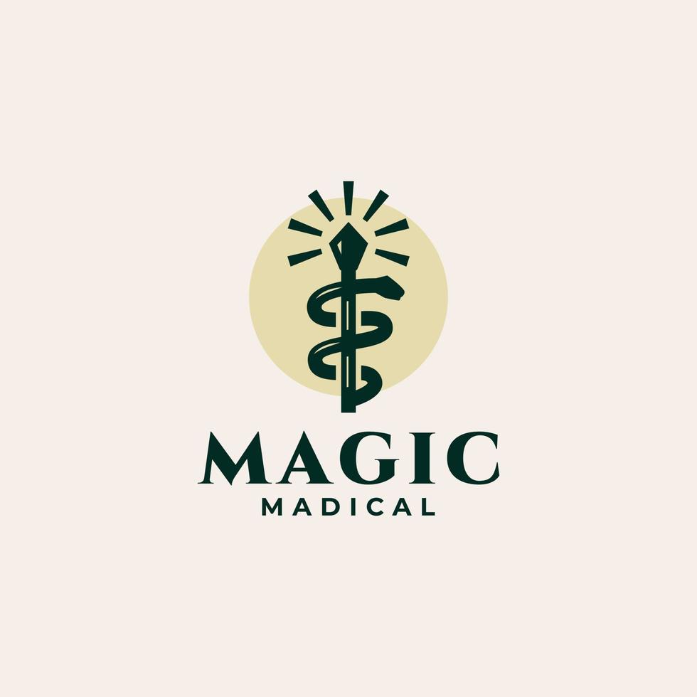 illustrazione magica di progettazione di logo della farmacia medica con il simbolo della bacchetta della strega e del serpente vettore