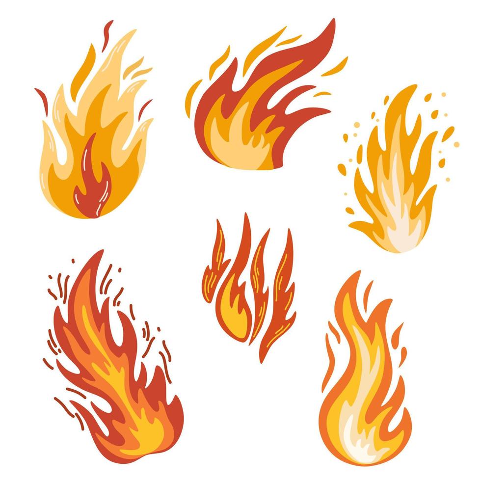 fuoco. fiamma ardente, palla di fuoco luminosa, incendio boschivo termico e un falò rovente. fiamme di diverse forme. icone della fiamma del fuoco di vettore nello stile del fumetto.