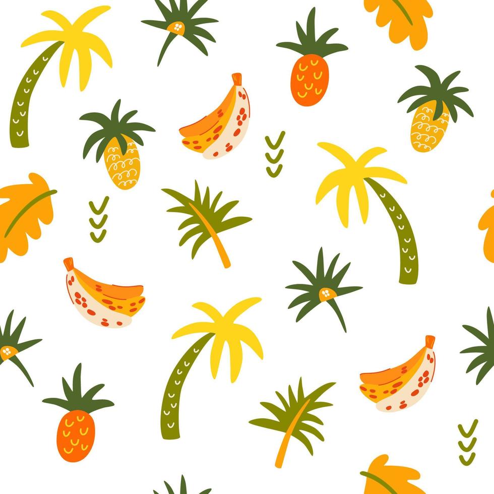 modello senza cuciture di frutti e palme tropicali. palma, foglie, banane, ananas. sfondo disegnato a mano di divertimento estivo. ottimo per volantini decorativi, banner, sfondi, prodotti di stampa. illustrazione vettoriale. vettore