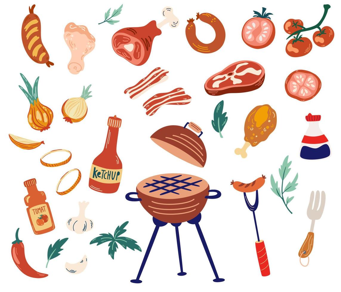 barbecue. barbecue party, grigliata o picnic. raccolta di attrezzature per barbecue, grill, spiedini, salsicce, condimenti, pollo e carne, verdure e salsa isolati su bianco. illustrazione vettoriale