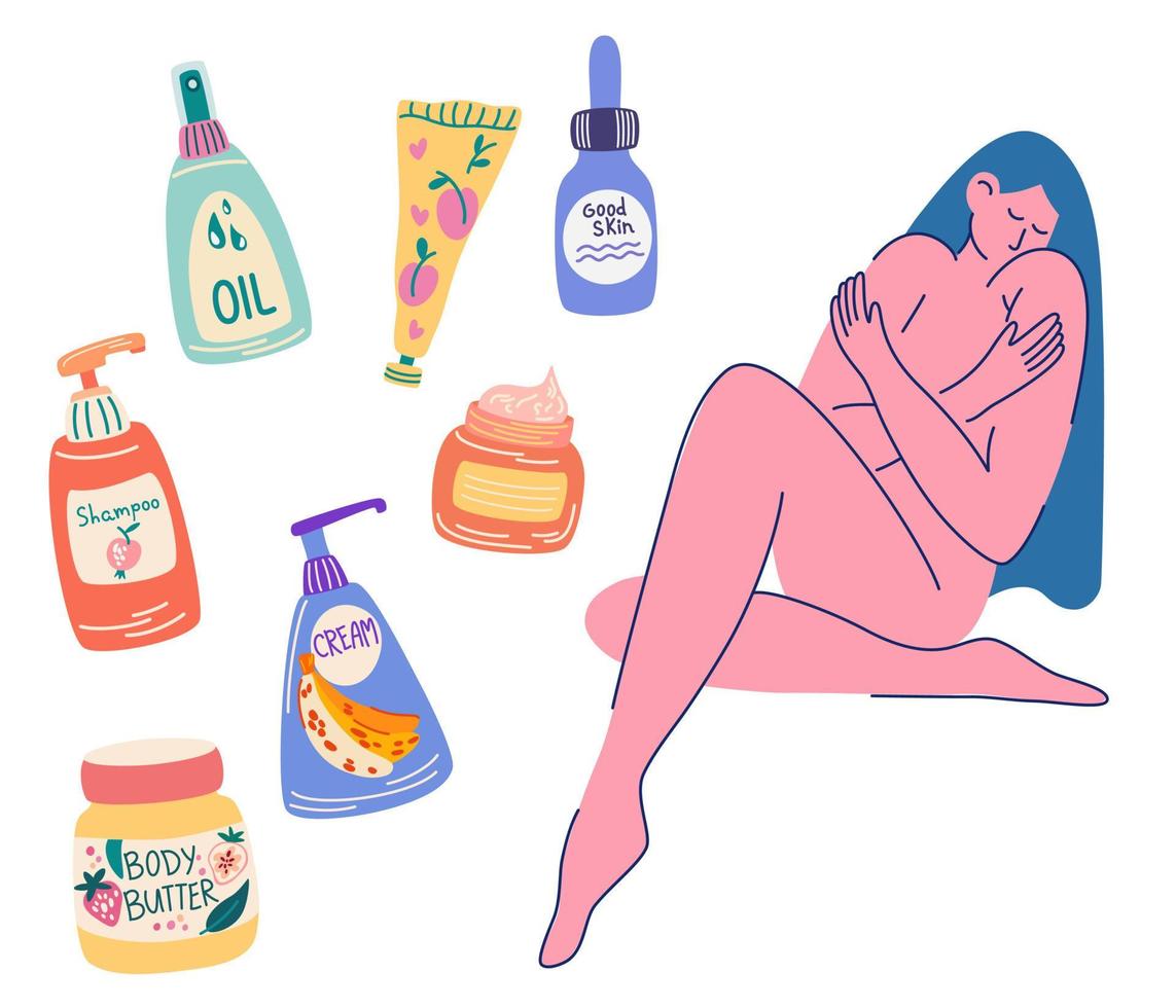 donna e cosmetici per il corpo. la gamma di articoli da toeletta. cura della pelle, trucco, scelta di cosmetici. prodotti naturali biologici per la cura della pelle. illustrazioni vettoriali moderne isolate su uno sfondo bianco.