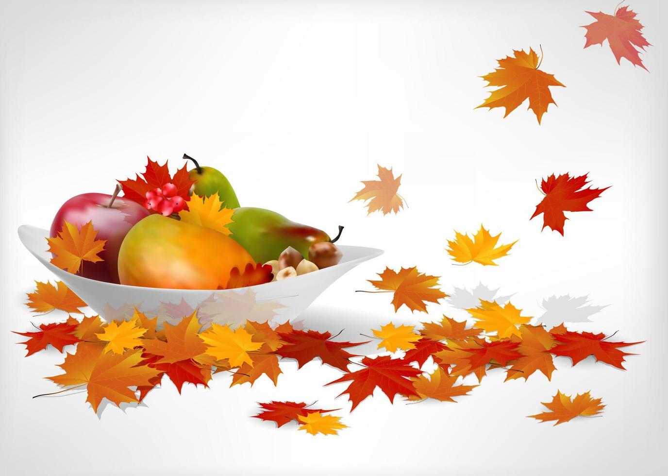 frutta e foglie di autunno su un piatto sul fondo bianco della tavola di legno vettore
