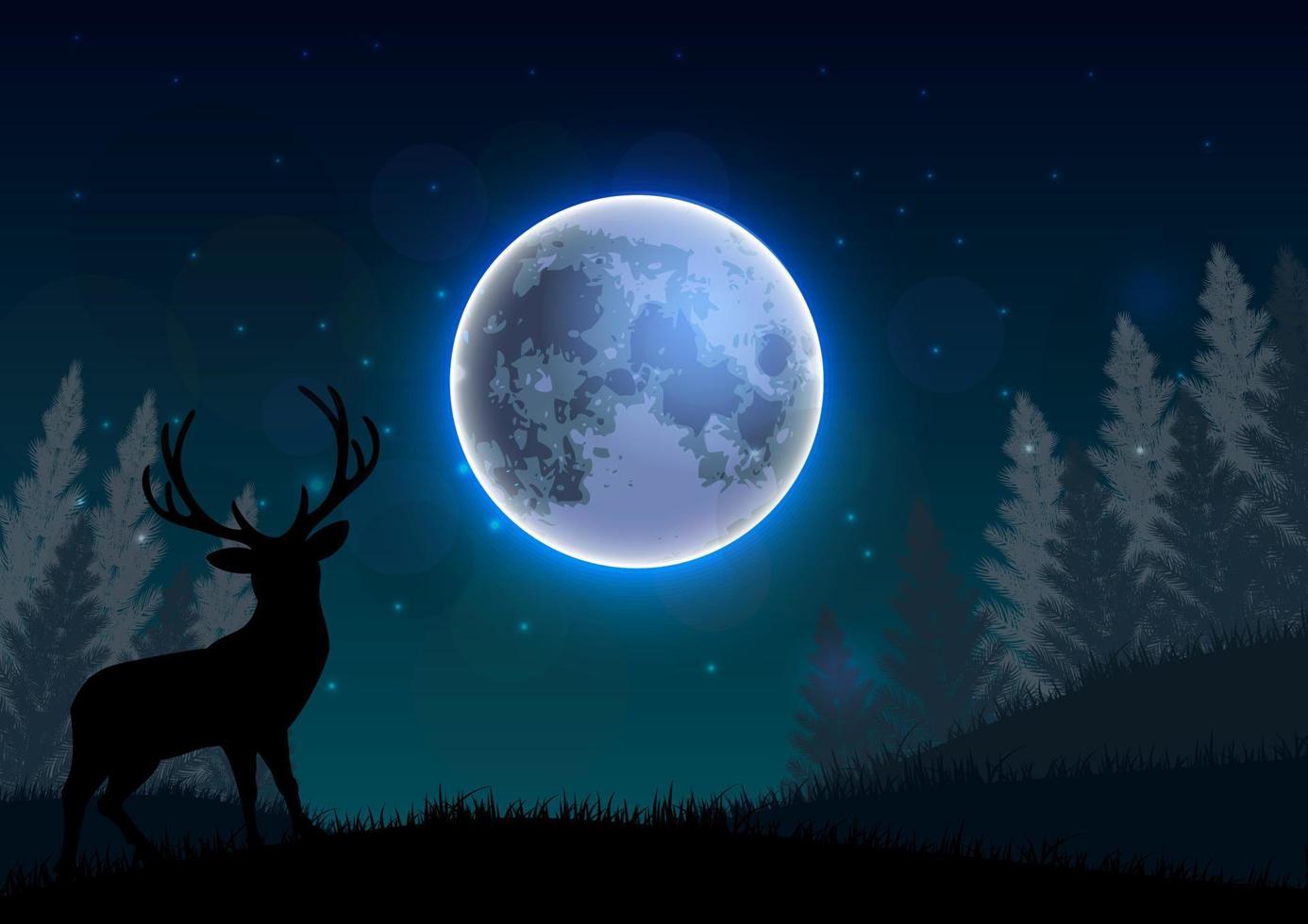 sagoma di un cervo in piedi su una collina di notte vettore