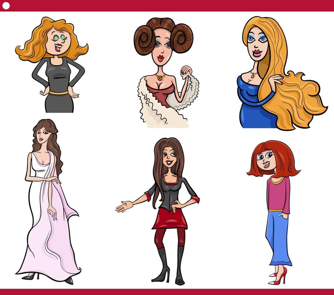 set caricatura di personaggi comici donna divertente cartone animato vettore