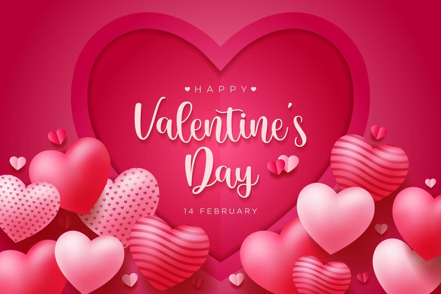 bel giorno di San Valentino rosa sfondo con cuori 3d realistici cornice design per biglietto di auguri, poster, banner. illustrazione vettoriale. vettore