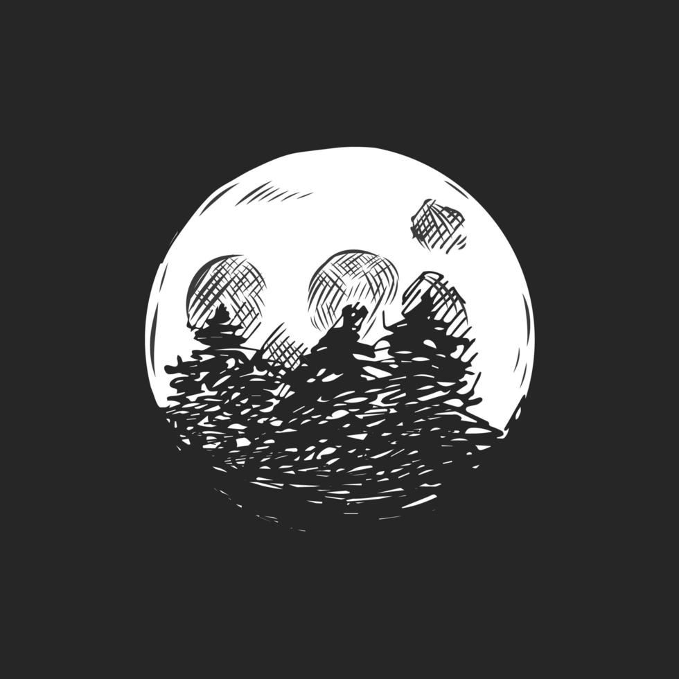 luna piena nell'illustrazione vettoriale disegnata a mano del cielo scuro.