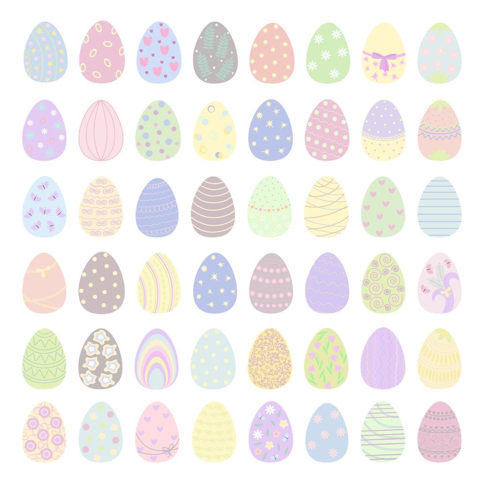 set di uova di pasqua simbolo colorato per le vacanze decorato in toni pastello, illustrazione vettoriale in stile piatto per decorazioni primaverili, biglietti di auguri, inviti, banner, web design