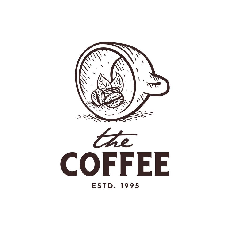 illustrazione del design del logo della tazza e del chicco di caffè, con stile di disegno a mano vintage vettore