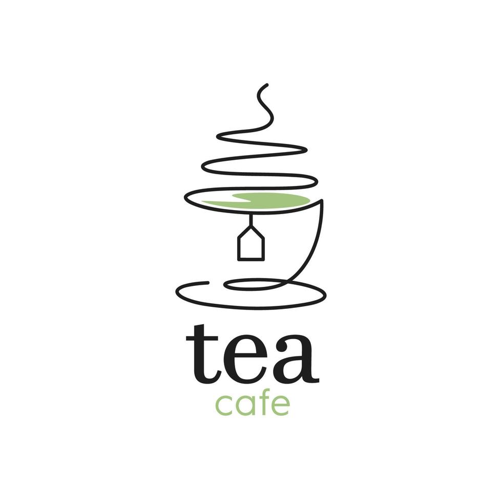 disegno del logo dell'illustrazione della tazza di tè verde con uno stile elegante della linea sottile vettore