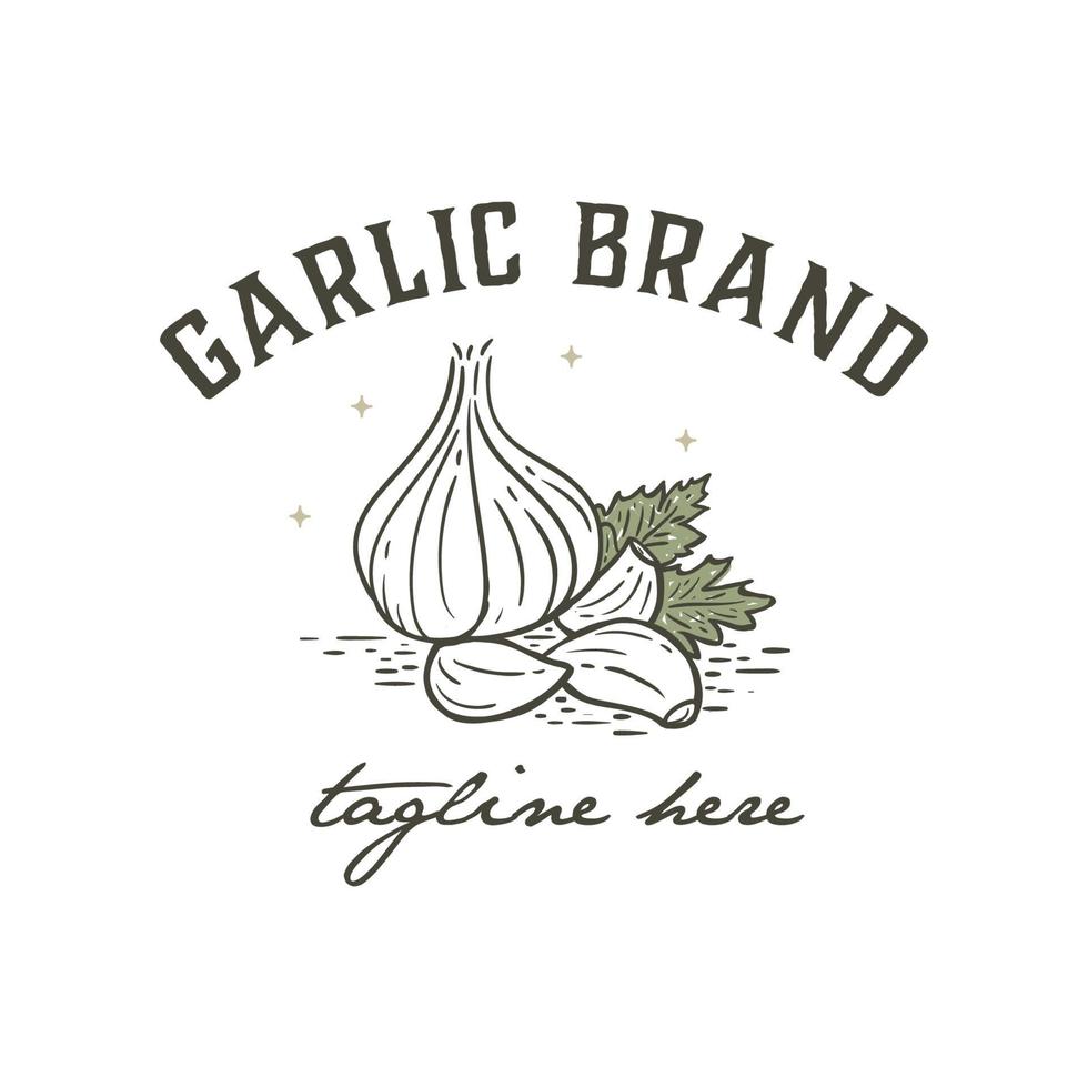 illustrazione del logo di design aglio e foglia, con uno stile logo design vintage vettore