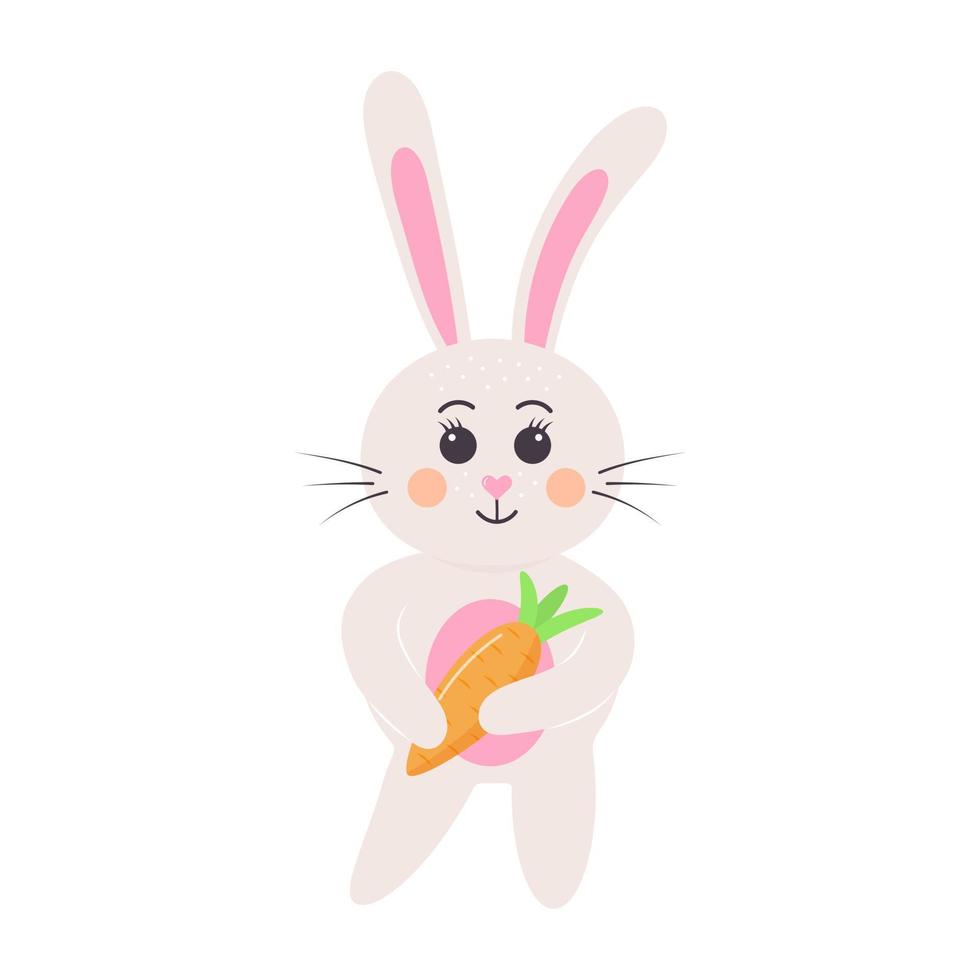simpatico coniglietto pasquale con carota. coniglio bambino con un naso a cuore. vettore